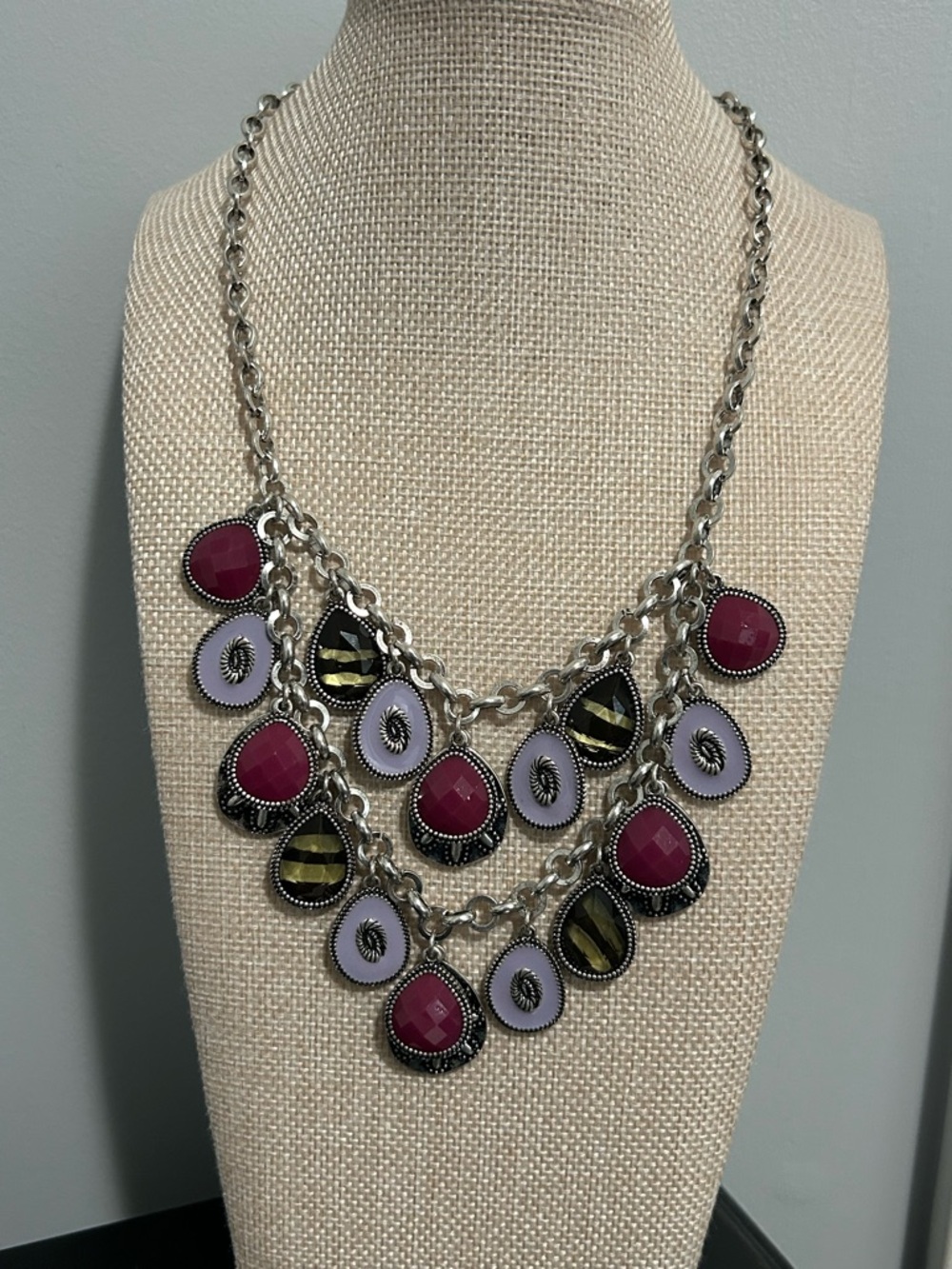 Premier Designs Necklace|Multi-Charm Silver Tone|Pink, Black & Lavender|NWOT